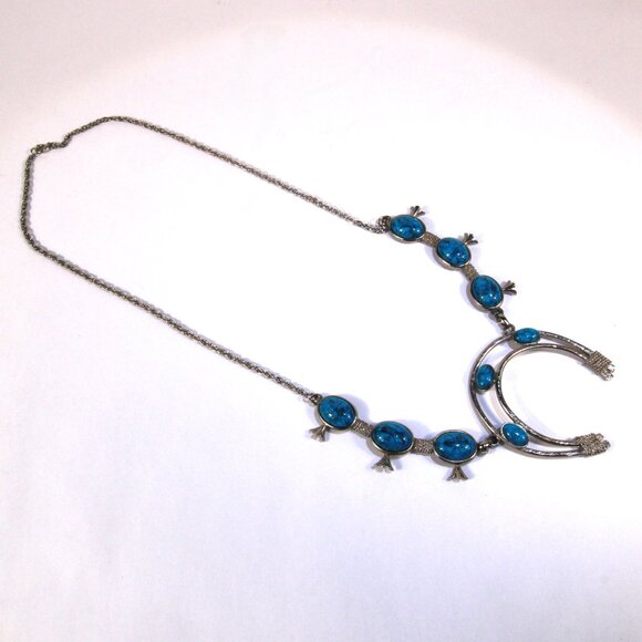 Vintage Faux Turquoise Squash Blossom Silver Tone Necklace - Picture 2 of 8